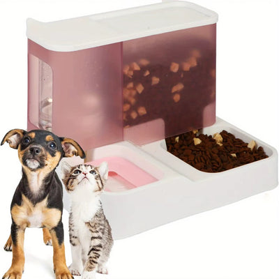 Automatic pet feeder with 2-in-1 gravity design for cats and dogs, dispensing food and water.